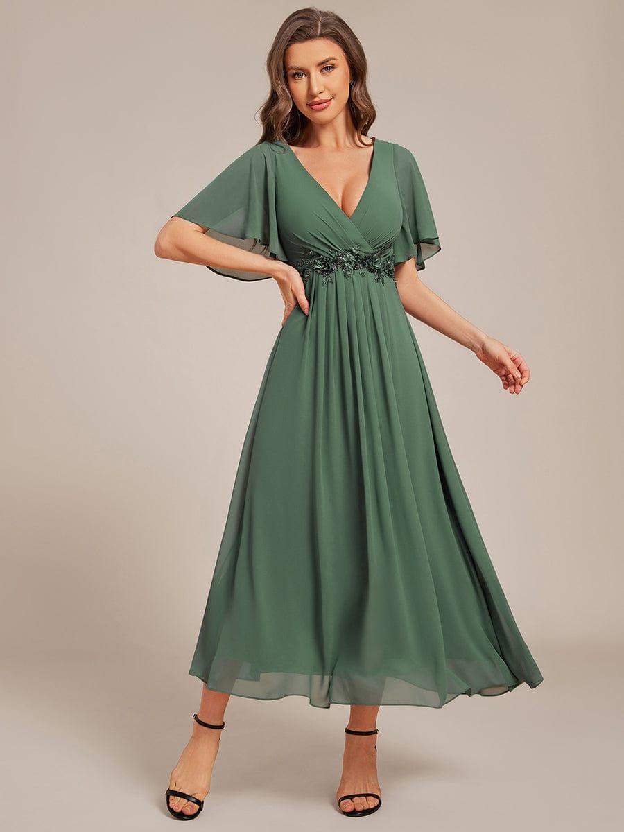Short Sleeve V-Neck Tea Length Wedding Guest Dress with Floral Applique — Eucalyptus