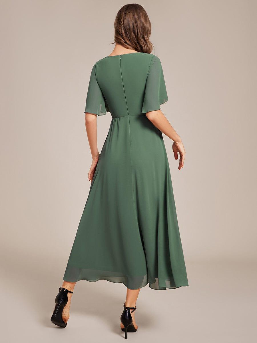 Short Sleeve V-Neck Tea Length Wedding Guest Dress with Floral Applique