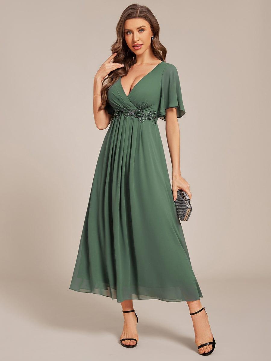 Short Sleeve V-Neck Tea Length Wedding Guest Dress with Floral Applique