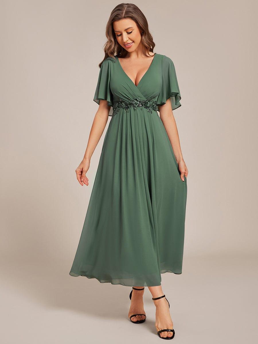Short Sleeve V-Neck Tea Length Wedding Guest Dress with Floral Applique