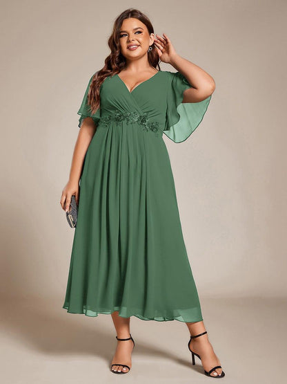 Short Sleeve V-Neck Tea Length Wedding Guest Dress with Floral Applique