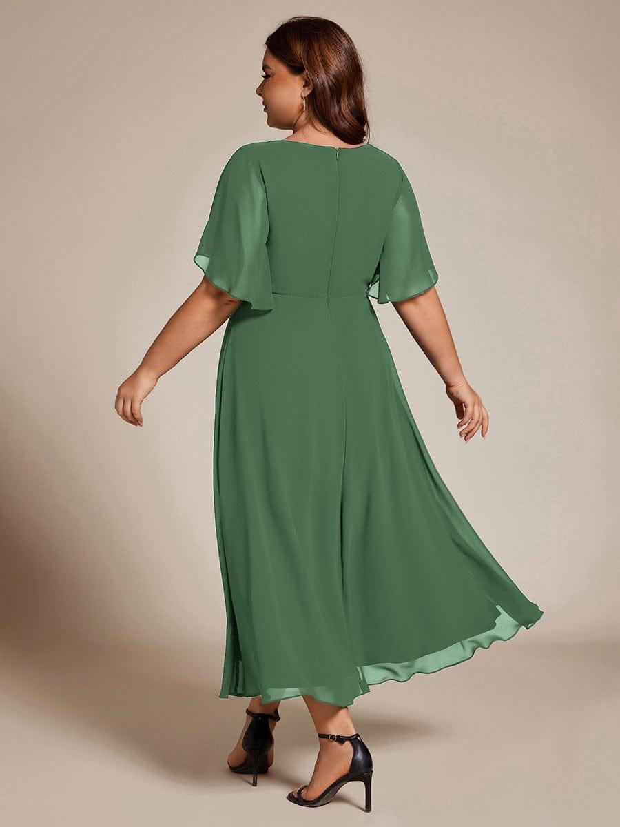 Short Sleeve V-Neck Tea Length Wedding Guest Dress with Floral Applique