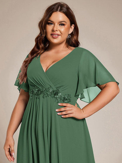 Short Sleeve V-Neck Tea Length Wedding Guest Dress with Floral Applique