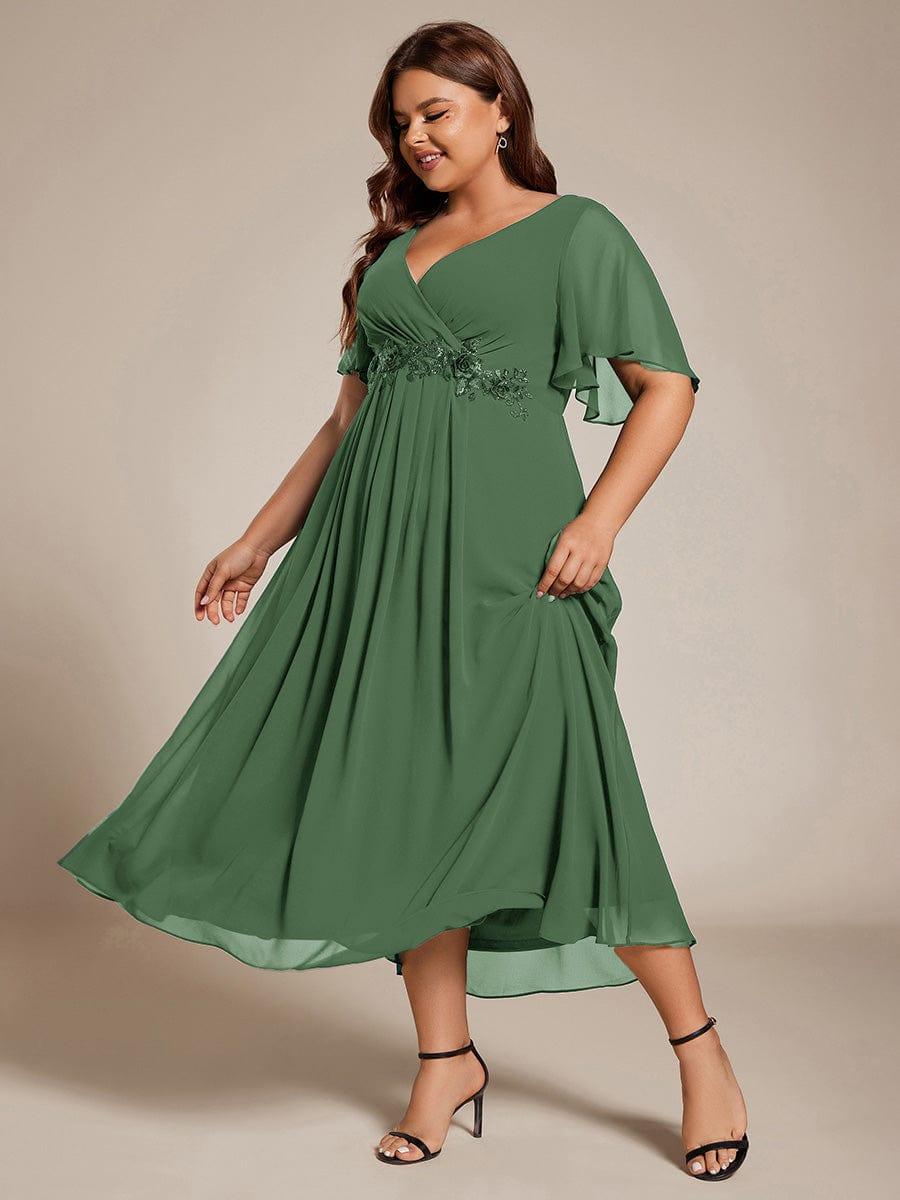Short Sleeve V-Neck Tea Length Wedding Guest Dress with Floral Applique