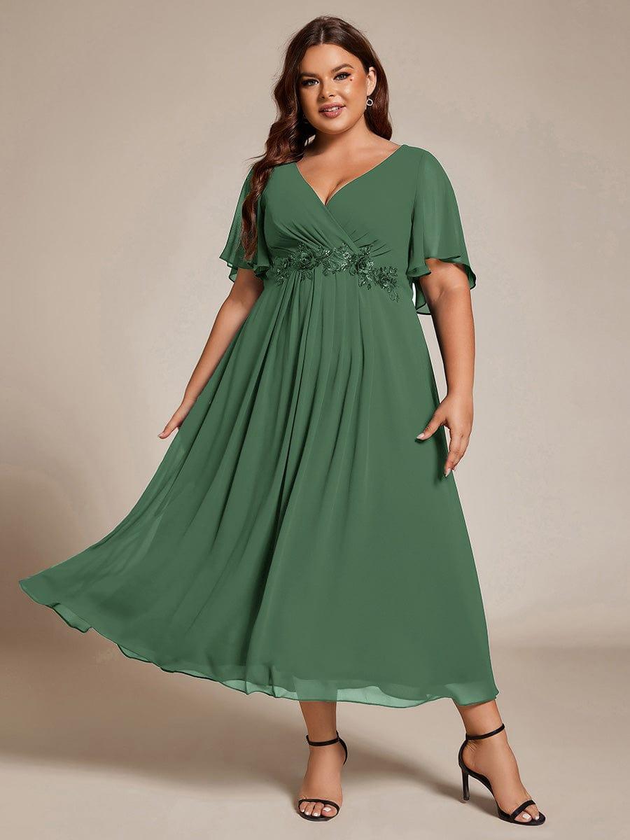Short Sleeve V-Neck Tea Length Wedding Guest Dress with Floral Applique