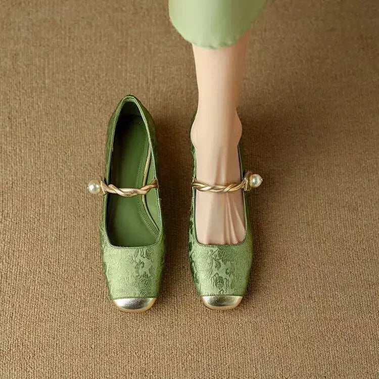 Daisy | Vintage Braided Pearl Strap Shoes — Green — Alfa Empire, view 3