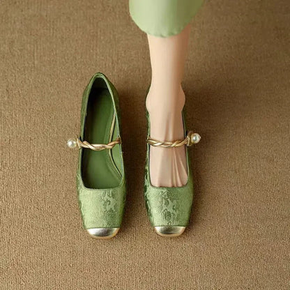 Daisy | Vintage Braided Pearl Strap Shoes — Green — Alfa Empire, view 3