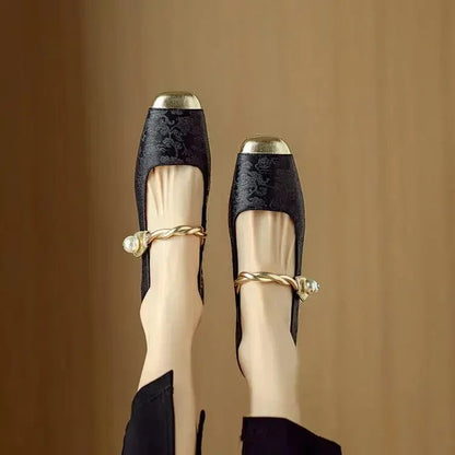 Daisy | Vintage Braided Pearl Strap Shoes — Black — Alfa Empire, view 8