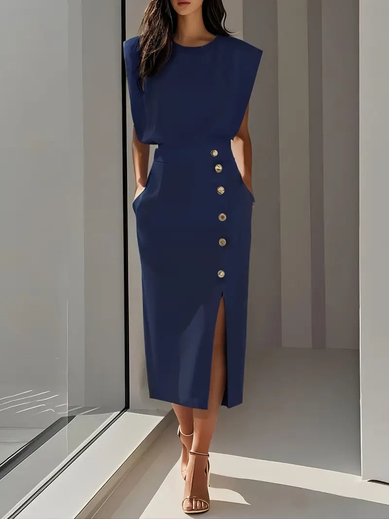 Dalia | Midi Dress with Side Slit — Navy Blue — Alfa Empire, view 5