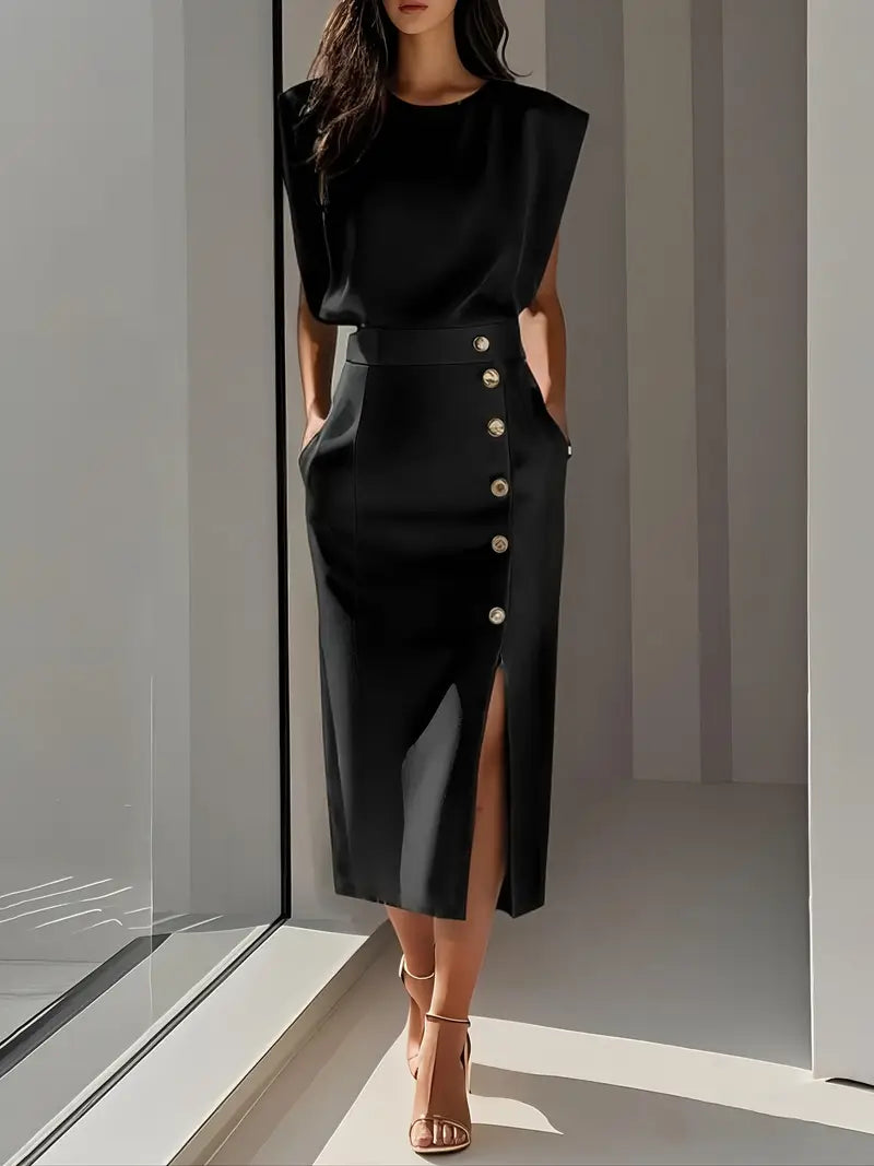 Dalia | Midi Dress with Side Slit — Black — Alfa Empire, view 6