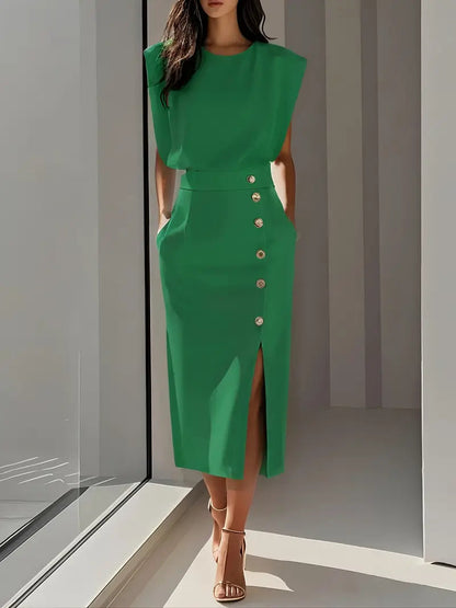 Dalia | Midi Dress with Side Slit — Green — Alfa Empire, view 7