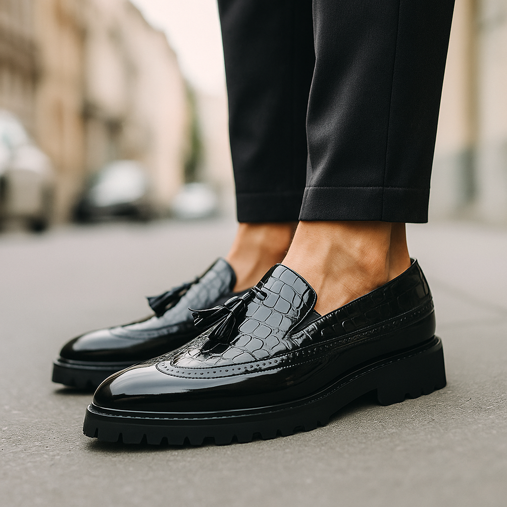 Dalton | Croc-Embossed Tassels Loafers — Crimson Black — Alfa Empire, view 6