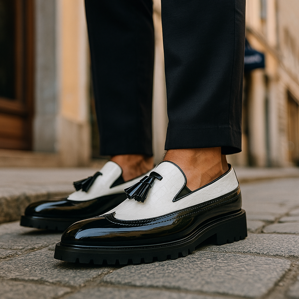 Dalton | Croc-Embossed Tassels Loafers — Black and White — Alfa Empire, view 7