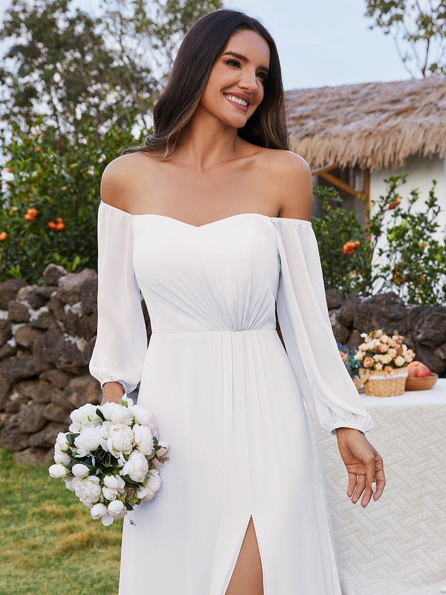 Chiffon High-Slit Waist Pleated Off Shoulder Bridesmaid Dress with Long Sleeve