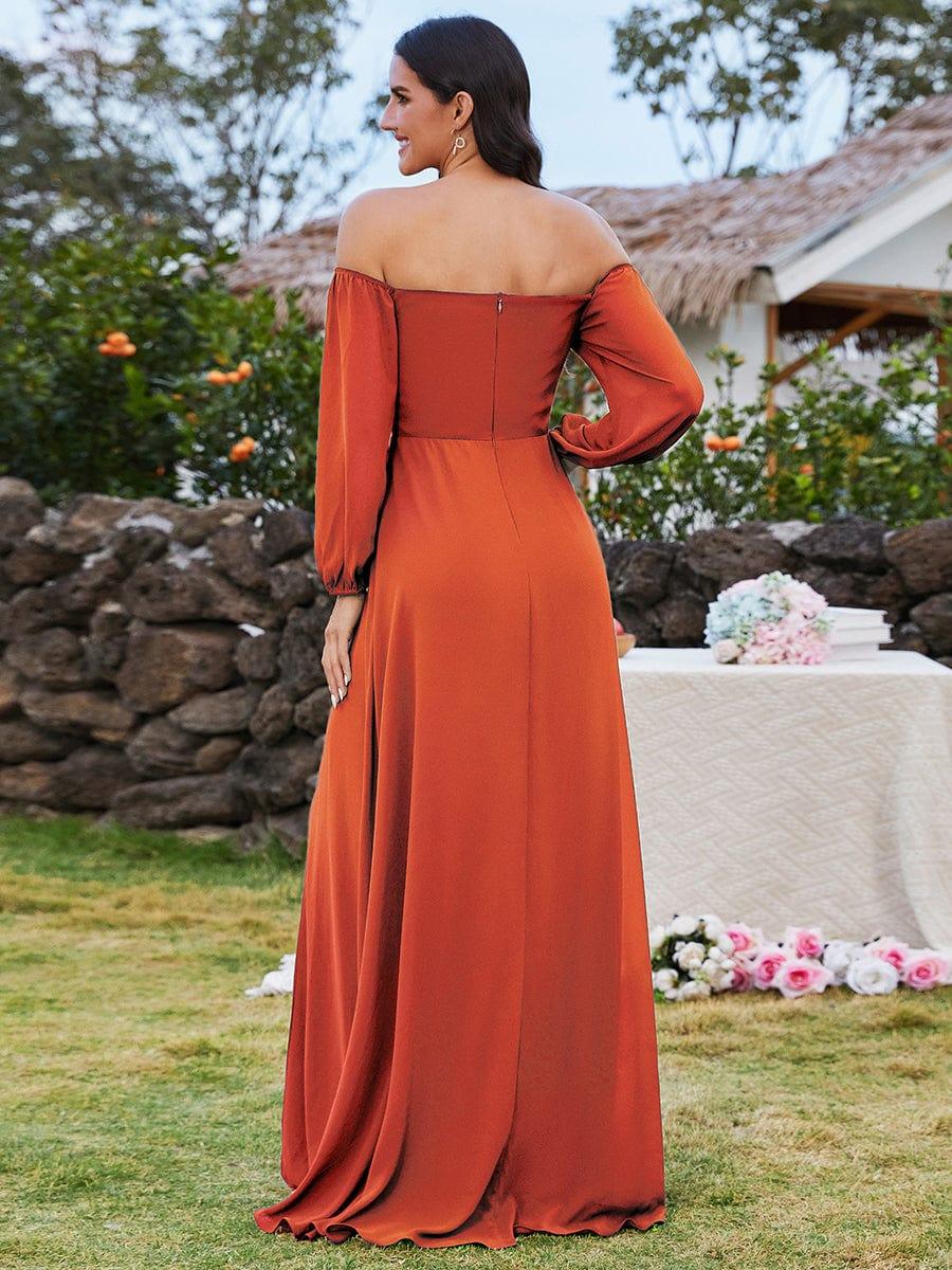 Chiffon High-Slit Waist Pleated Off Shoulder Bridesmaid Dress with Long Sleeve