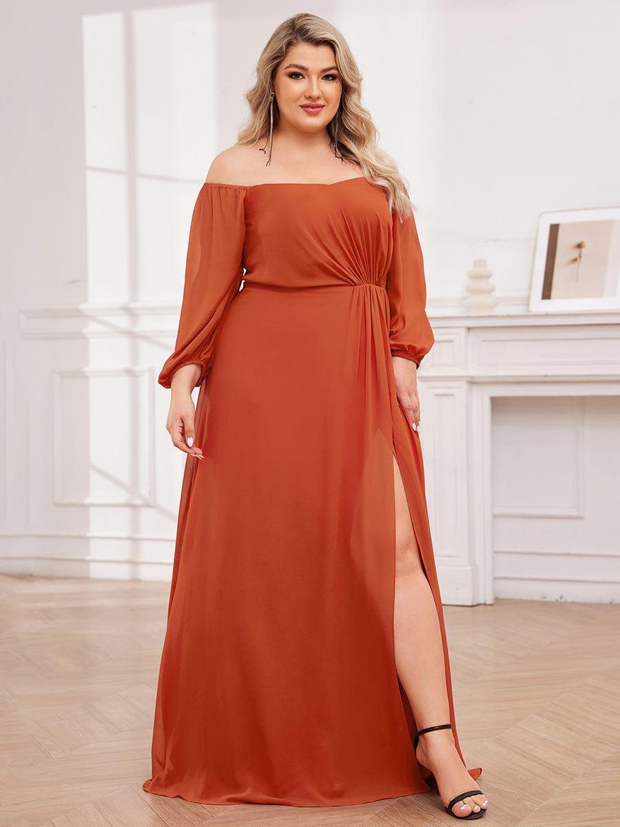 Chiffon High-Slit Waist Pleated Off Shoulder Bridesmaid Dress with Long Sleeve