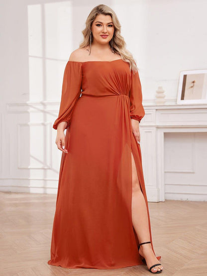 Chiffon High-Slit Waist Pleated Off Shoulder Bridesmaid Dress with Long Sleeve