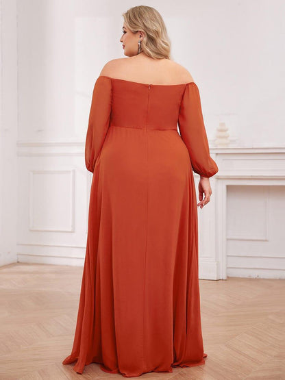 Chiffon High-Slit Waist Pleated Off Shoulder Bridesmaid Dress with Long Sleeve