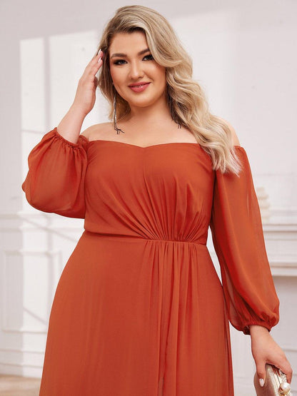 Chiffon High-Slit Waist Pleated Off Shoulder Bridesmaid Dress with Long Sleeve