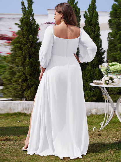 Chiffon High-Slit Waist Pleated Off Shoulder Bridesmaid Dress with Long Sleeve