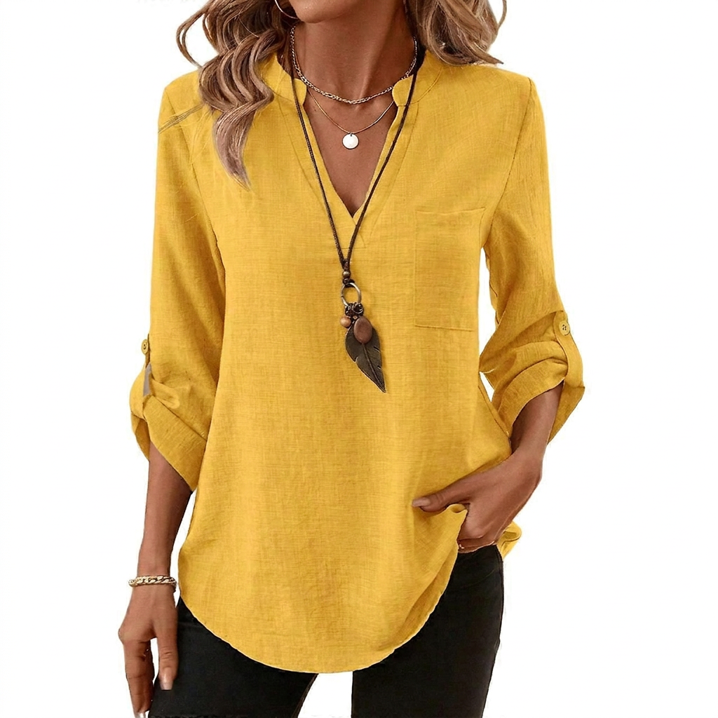 Danika | Classic V-Neck Long Sleeve Shirt — Yellow — Alfa Empire, view 1