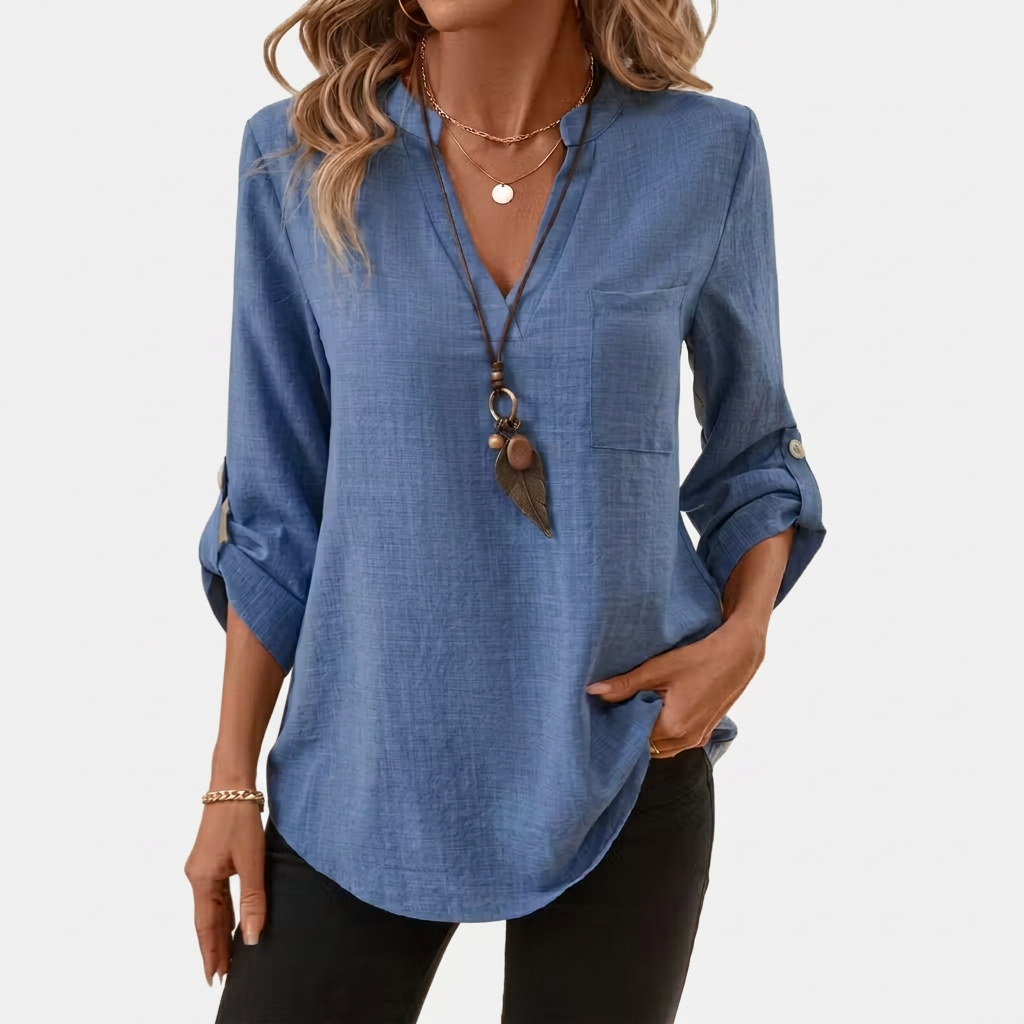 Danika | Classic V-Neck Long Sleeve Shirt — Blue — Alfa Empire, view 3