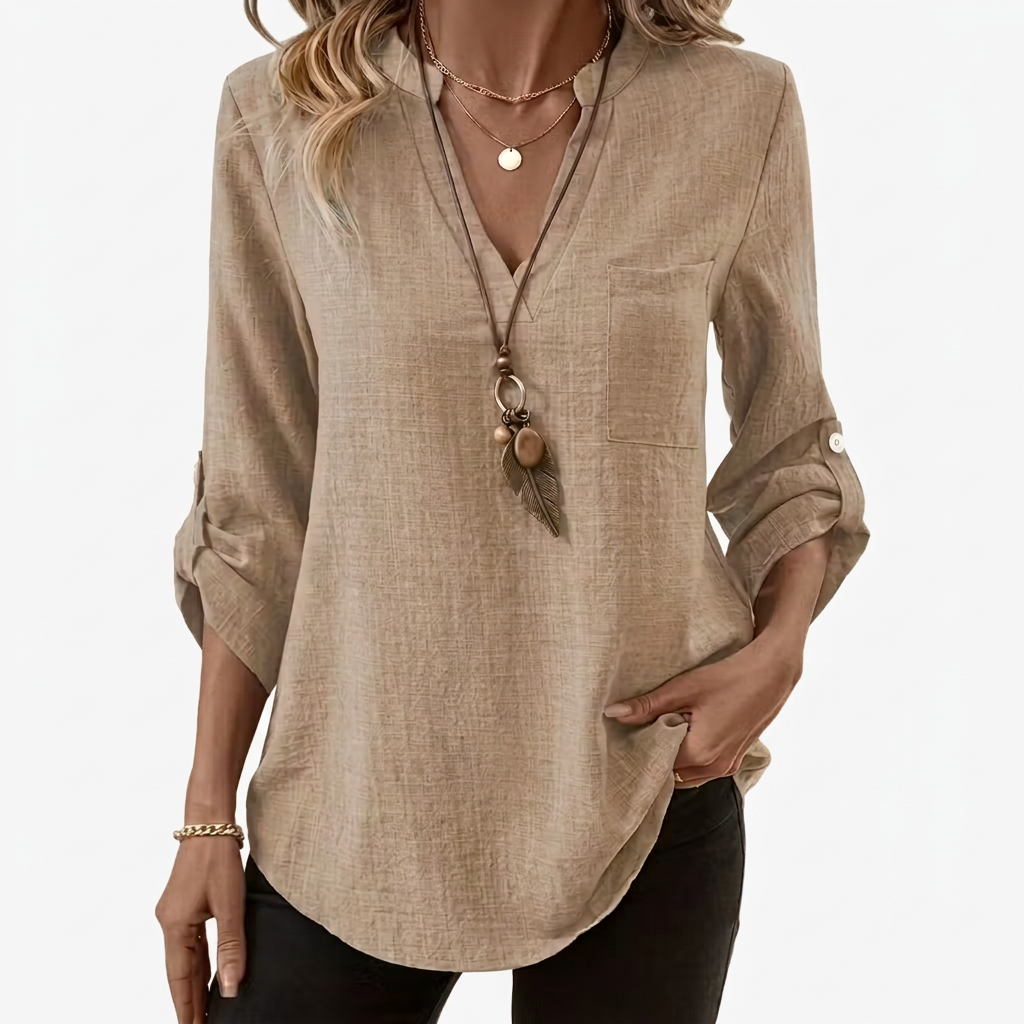 Danika | Classic V-Neck Long Sleeve Shirt — Khaki — Alfa Empire, view 4