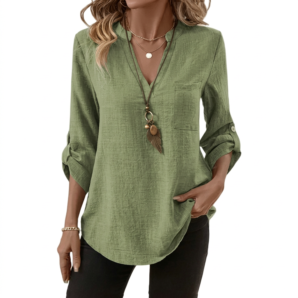 Danika | Classic V-Neck Long Sleeve Shirt — Green — Alfa Empire, view 5