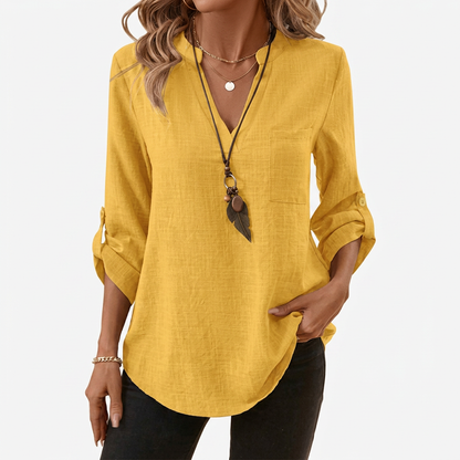 Danika | Classic V-Neck Long Sleeve Shirt — Yellow — Alfa Empire, view 1