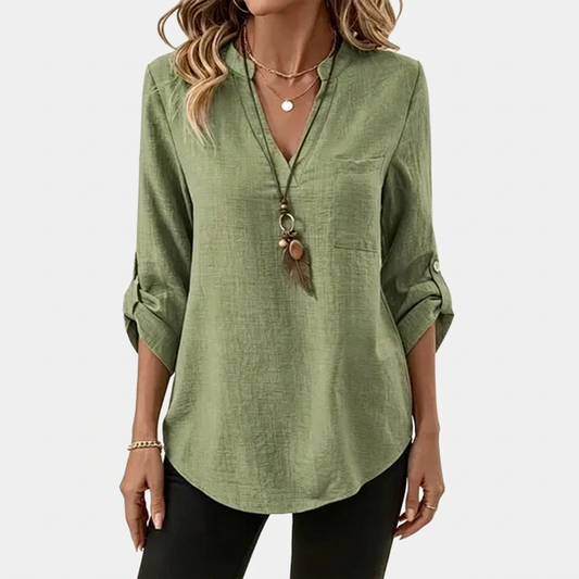 Danika | Classic V-Neck Long Sleeve Shirt — Green — Alfa Empire, view 2