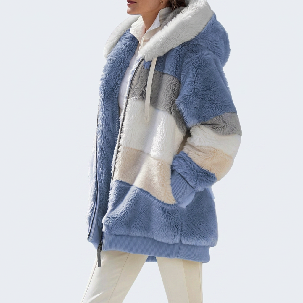 Darcey | Refined Multicolor Warm Puffer jacket — Blue Stripes — Alfa Empire, view 1