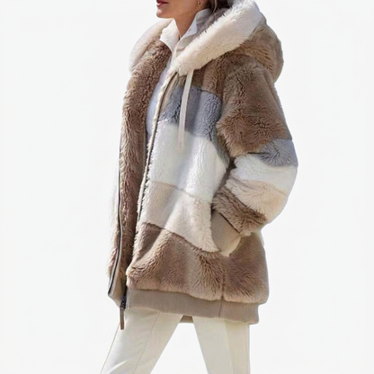 Darcey | Refined Multicolor Warm Puffer jacket — Brown Stripes — Alfa Empire, view 2