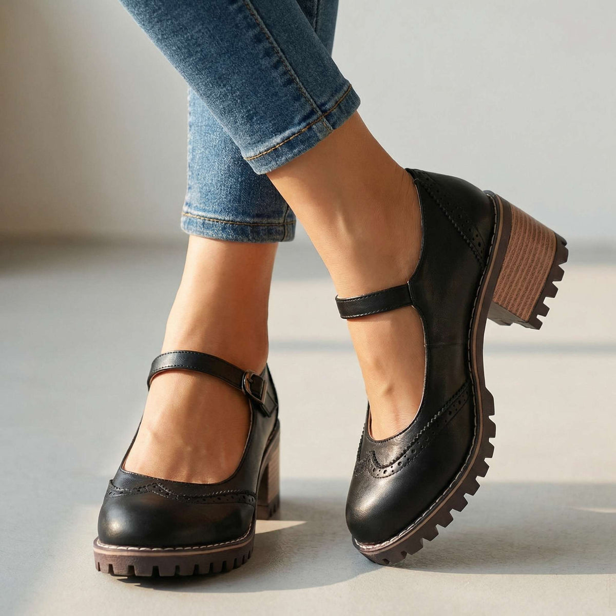 Darcy | Classic T-Strap Close Toe Heels — Black — Alfa Empire, view 7