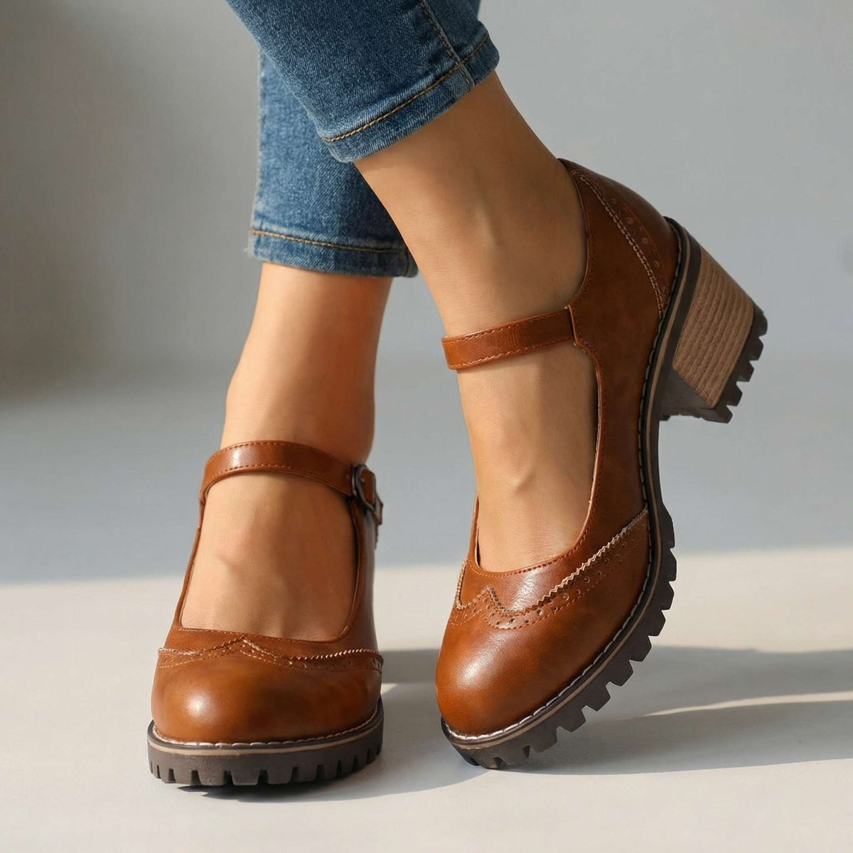 Darcy | Classic T-Strap Close Toe Heels — Brown — Alfa Empire, view 8