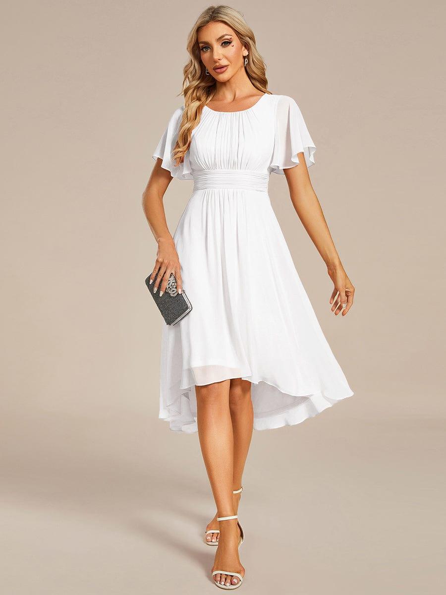 Chiffon Flowy Round Neckline A-Line Knee Length Wedding Guest Dress — White