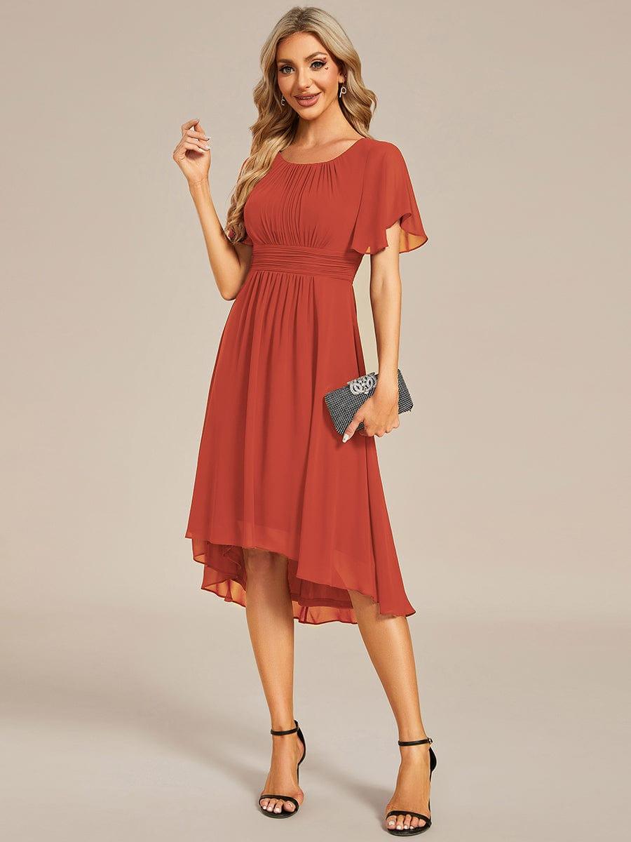 Chiffon Flowy Round Neckline A-Line Knee Length Wedding Guest Dress — Burnt Orange