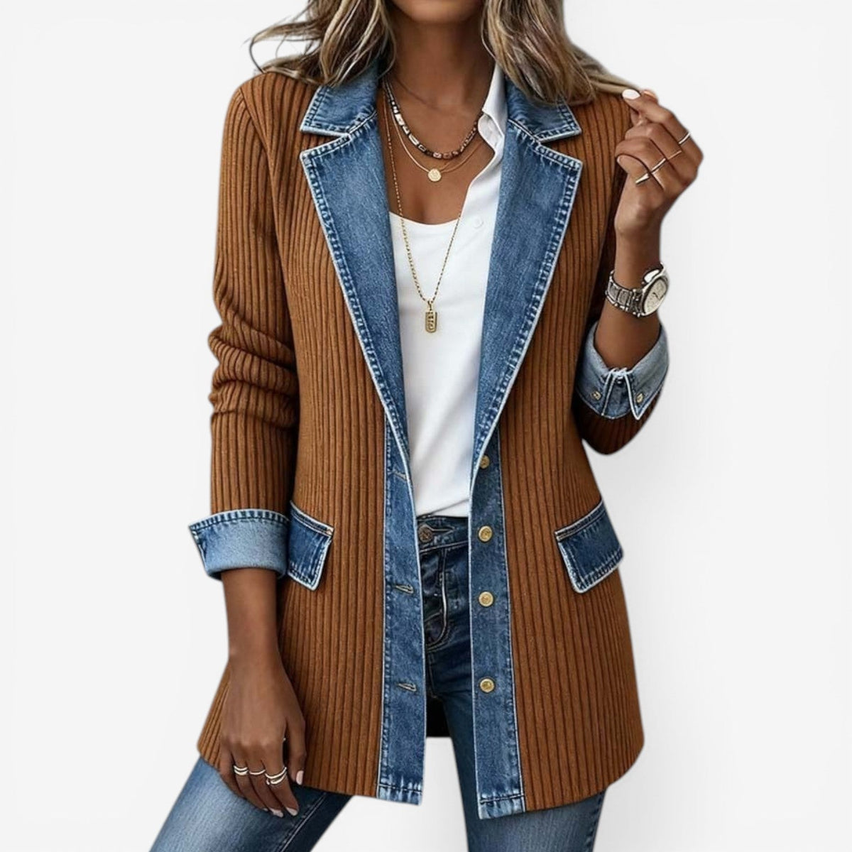 Elaine | Refined Layered Collar Button Jacket — Khaki — Alfa Empire, view 4