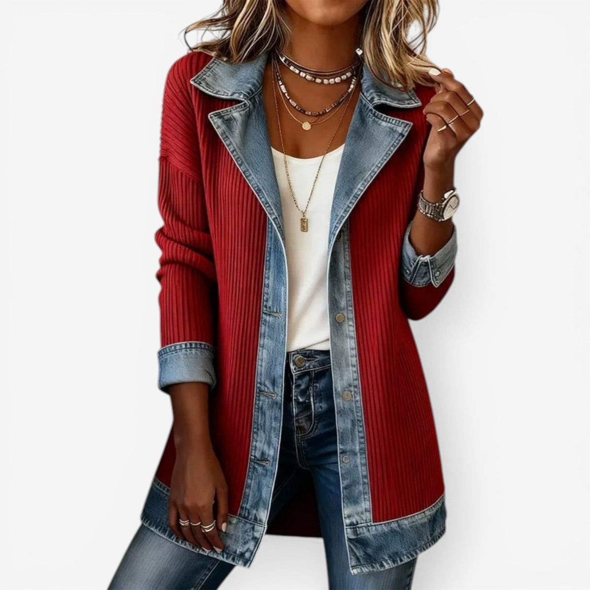Elaine | Refined Layered Collar Button Jacket — Red — Alfa Empire, view 5