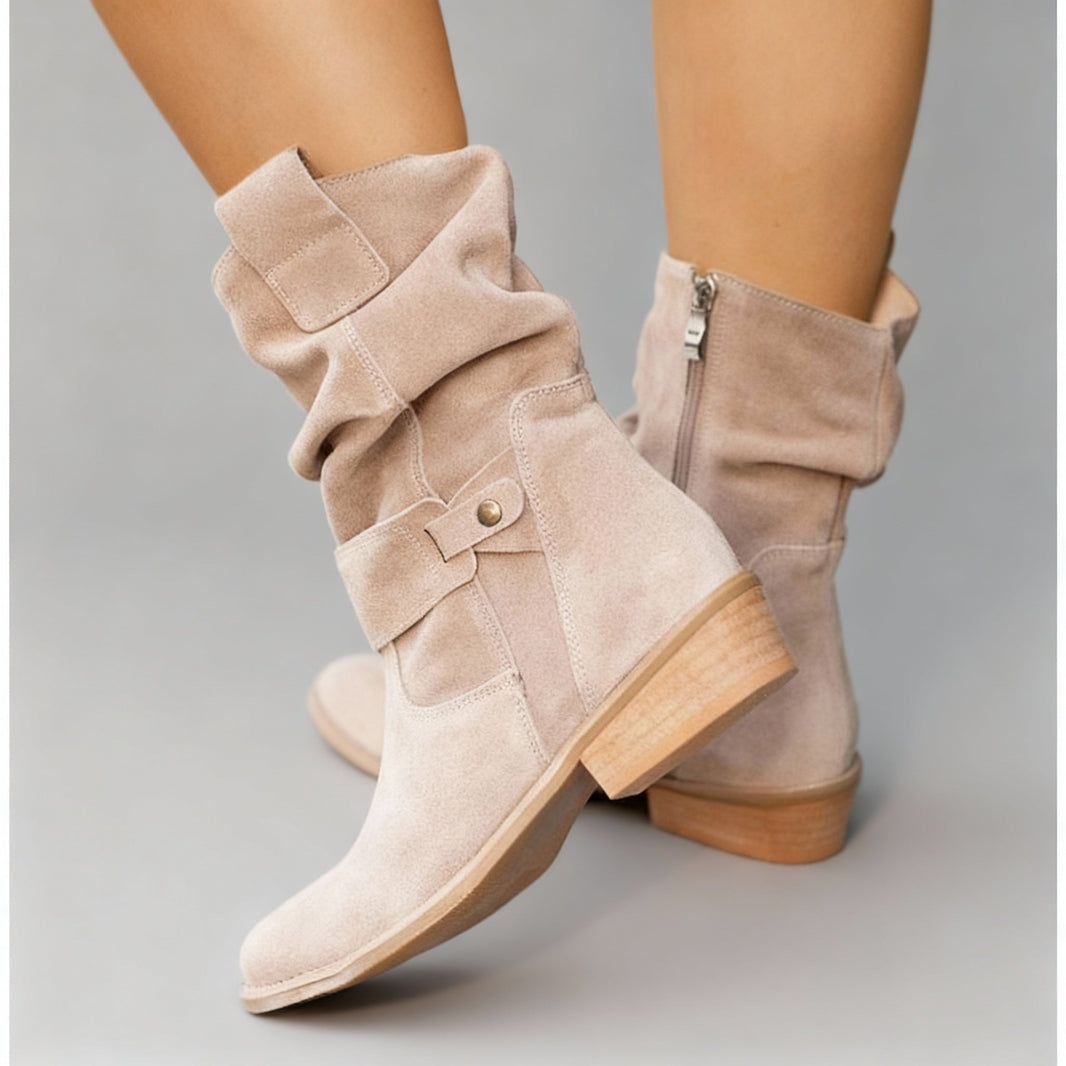 Eleanor | Slouch Mid-Calf Boots — Suede Beige — Alfa Empire, view 1