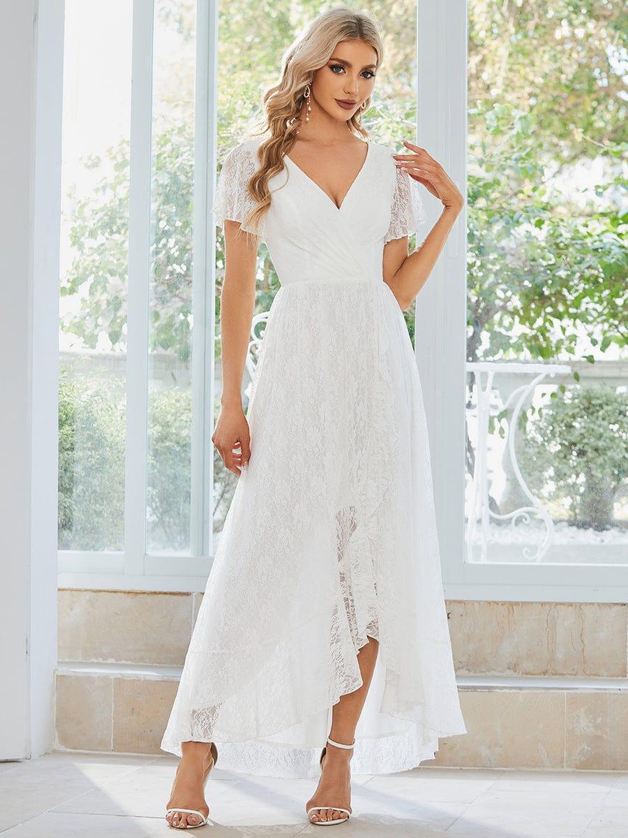 Lace Pleated V-Neck Short Sleeve Ruffled Wedding Guest Dress — White
