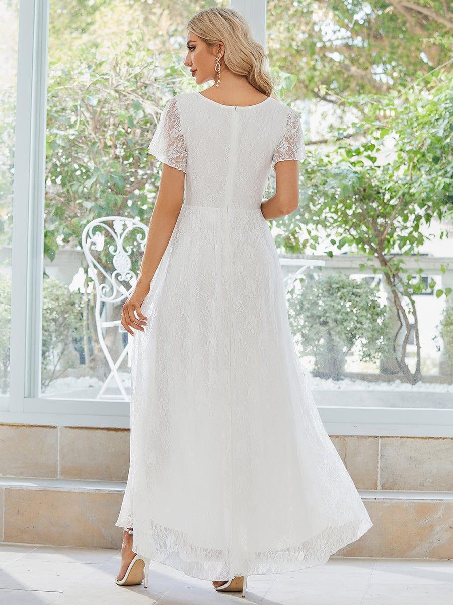 Lace Pleated V-Neck Short Sleeve Ruffled Wedding Guest Dress