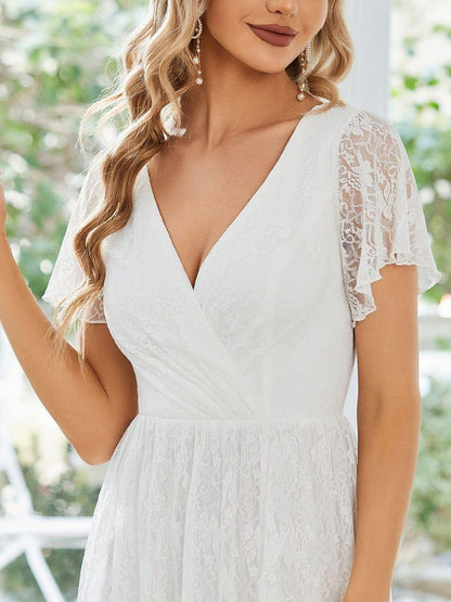 Lace Pleated V-Neck Short Sleeve Ruffled Wedding Guest Dress