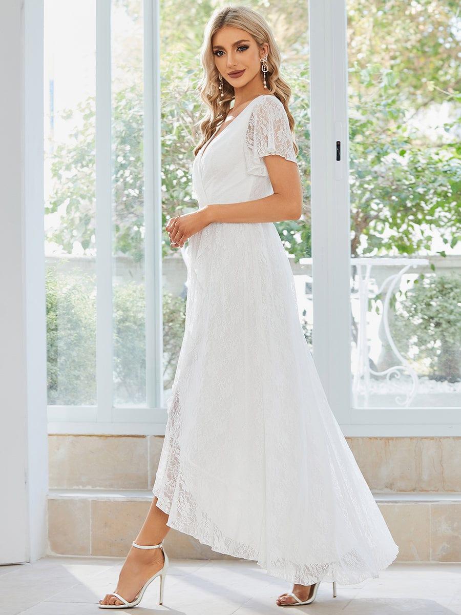 Lace Pleated V-Neck Short Sleeve Ruffled Wedding Guest Dress