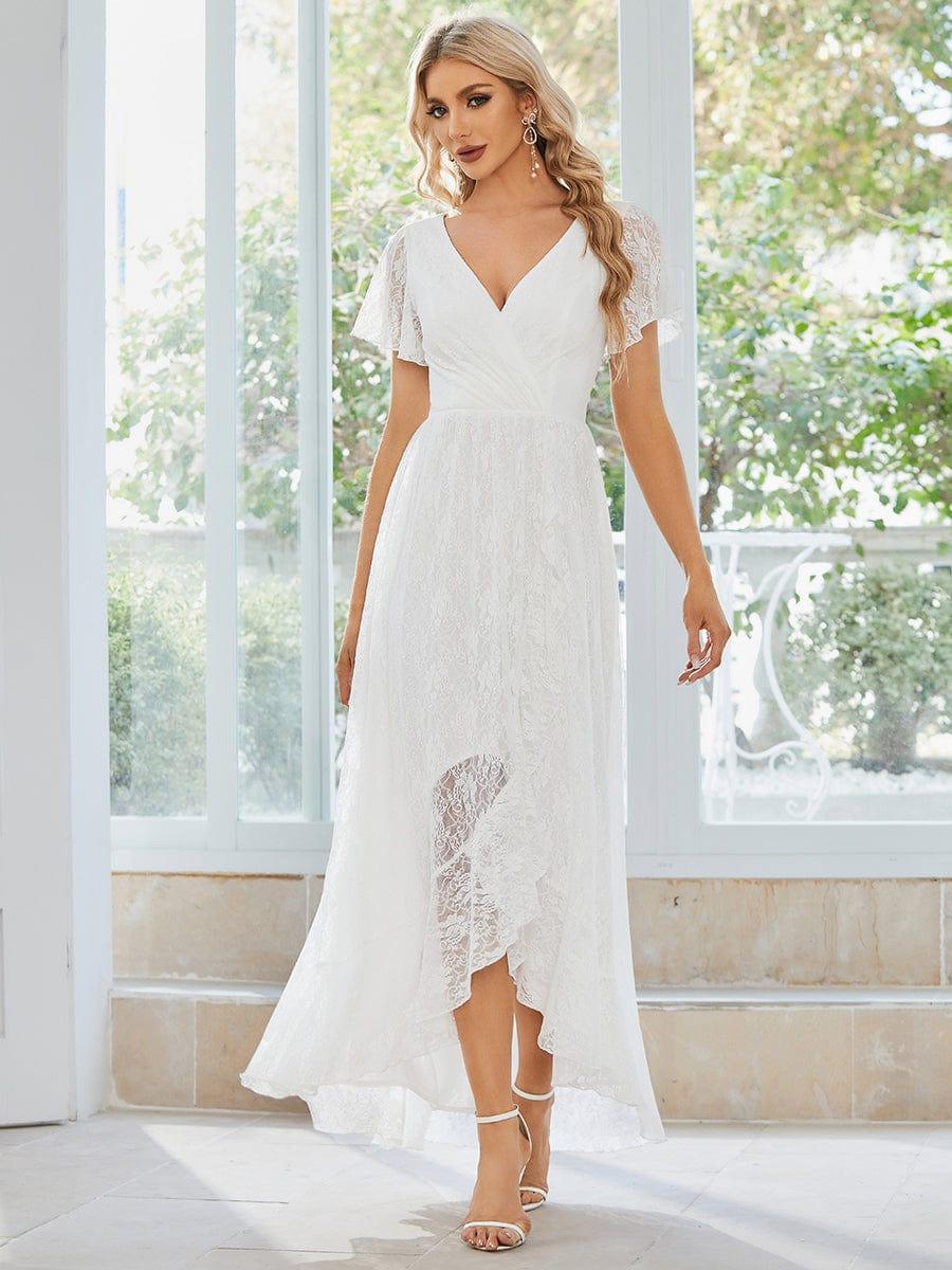 Lace Pleated V-Neck Short Sleeve Ruffled Wedding Guest Dress
