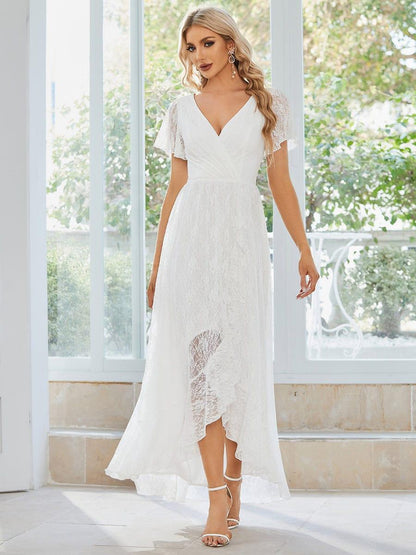 Lace Pleated V-Neck Short Sleeve Ruffled Wedding Guest Dress