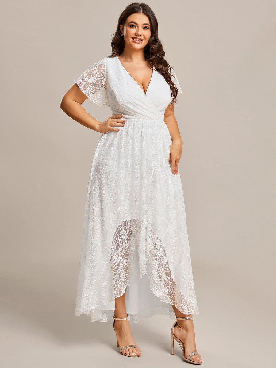 Lace Pleated V-Neck Short Sleeve Ruffled Wedding Guest Dress