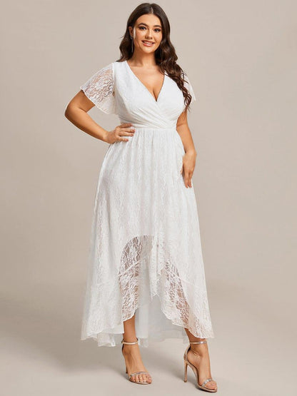 Lace Pleated V-Neck Short Sleeve Ruffled Wedding Guest Dress