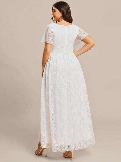 Lace Pleated V-Neck Short Sleeve Ruffled Wedding Guest Dress