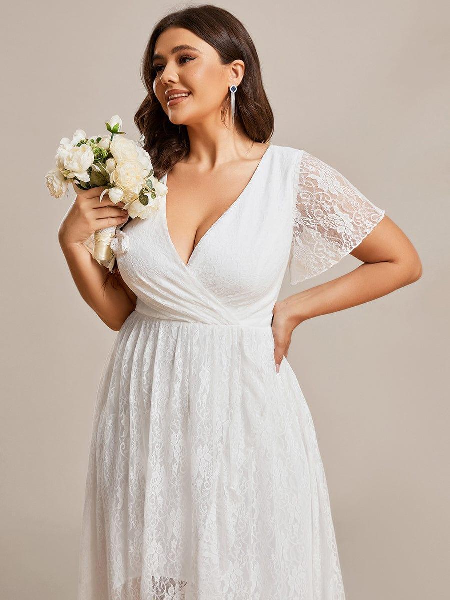 Lace Pleated V-Neck Short Sleeve Ruffled Wedding Guest Dress