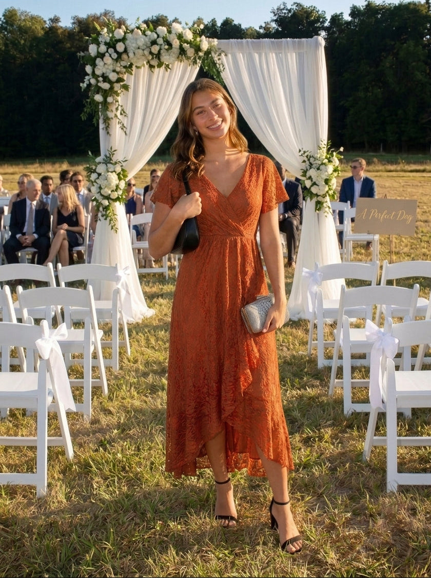 Lace Pleated V-Neck Short Sleeve Ruffled Wedding Guest Dress